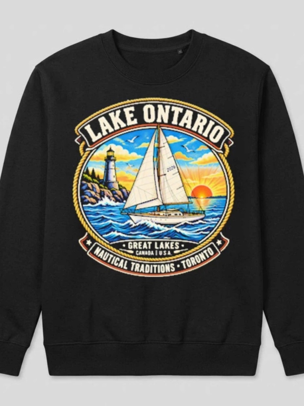 Lake Ontario Graphic Crewneck Sweatshirt- Black Vintage Style